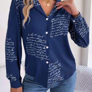 Women's Casual Versatile Letter Print Notched Lapel Long Sleeve Shirt