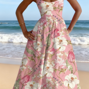 Resort-style Floral Print Sundress With Fitted Waist And Full Skirt For Women
