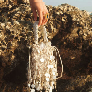 French-style Retro Sequined Woven Tassel Cotton-Linen Shell-shaped Hollow Elegant Clutch Bag