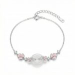 925 Sterling Silver Elegant Silver Bracelet Featuring Pink Enamel Flowers and a White Jade Donut Center.