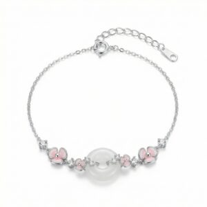 925 Sterling Silver Elegant Silver Bracelet Featuring Pink Enamel Flowers and a White Jade Donut Center.