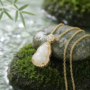 925 Sterling Silver Elegant Wulu Pendant Necklace with Lustrous White Gemstone and Sparkling Accents