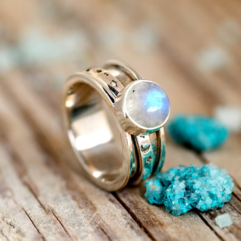 Bohemian Moonstone Star And Moon Ring