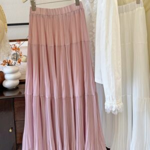 Womens Solid-Colored French-Style Retro Elegant Pleated High-Waist Skirt