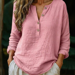Casual Solid Color Cotton-Linen Long-Sleeve Half-Placket V-Neck