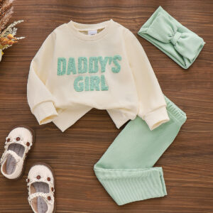 Cute Letter Print Sweatshirt And Pants Set With Bow Hairband For Little Girls