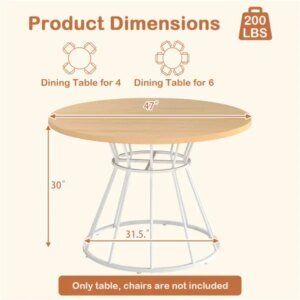 Natural 47" Round Dining Table , Family-Sized For 4-6 People, Hourglass Metal Base & Curved Tabletop