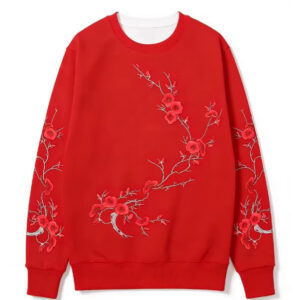 Black-base Red Plum Blossom Branch Print Loose-fitting Crewneck Sweatshirt