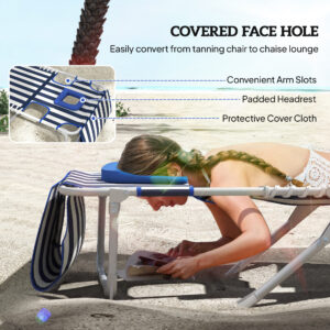 Tanning Chair with Face Hole and Side Table, 5-Position Folding Outdoor Chaise Lounge Chair, Blue and White