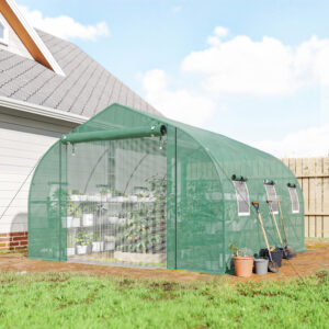 10'x11'x6' Walk-in Tunnel Greenhouse with Shelves, Mesh Door and Windows, Plant Hot House with PE Cover, Green