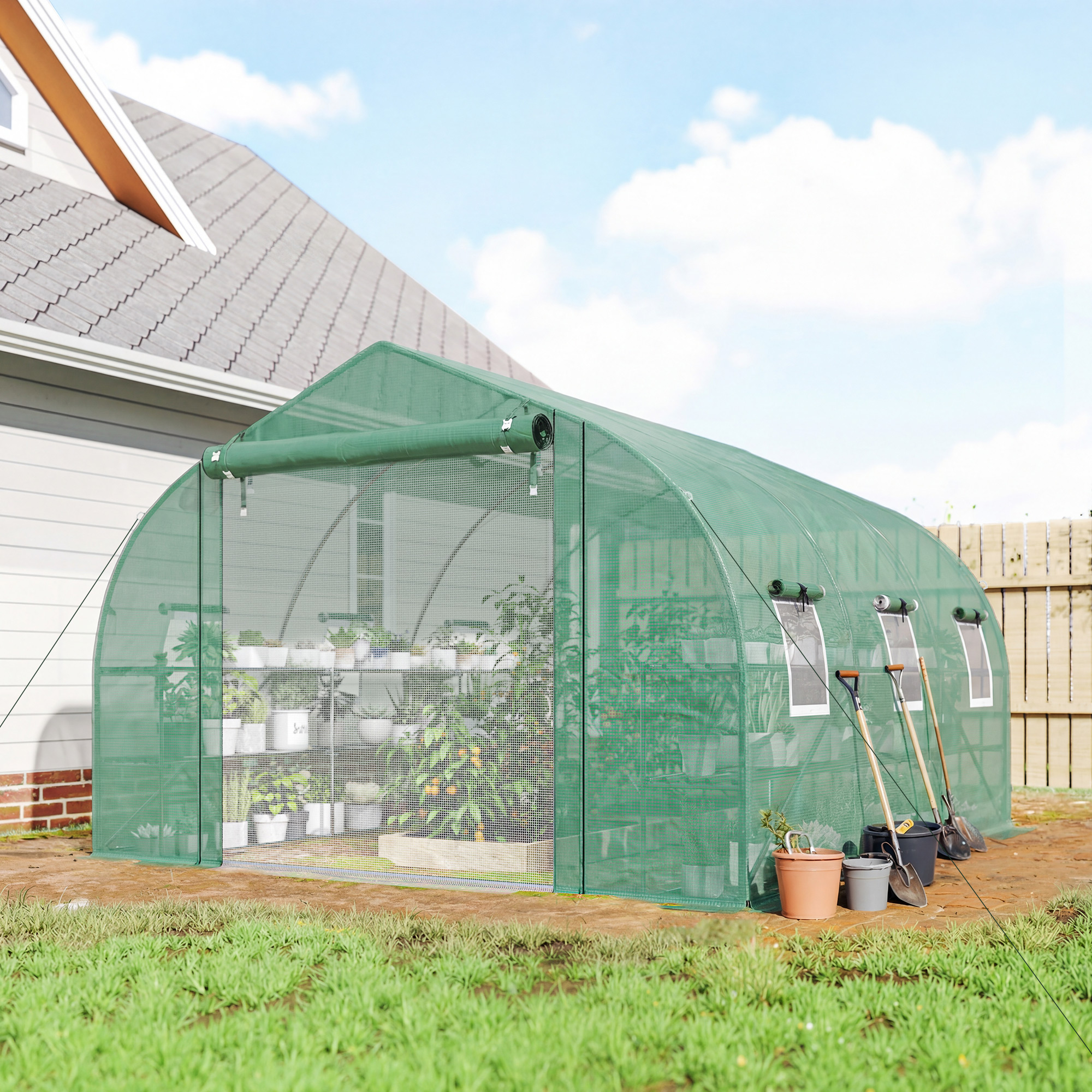 10’x11’x6′ Walk-in Tunnel Greenhouse with Shelves, Mesh Door and Windows, Plant Hot House with PE Cover, Green