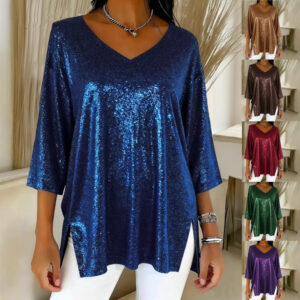 Womens Solid-Colored Loose V-Neck Cropped-Sleeve Split Top