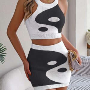 Women Color Block Cropped Top & Bodycon Skirt Knit Set