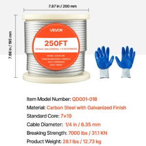 1/4 Inch Wire Rope, 250 Ft Length, Zinc Galvanized Carbon Steel Cable With Gloves, 7000 Lbs Breaking Strength, 7 X 19 Strands Construction, Wire Cable For Deck Railing System, Garden Trellis