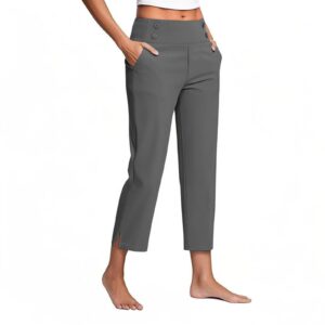 Womens Solid-Colored High-Waist Pockets Casual Pants