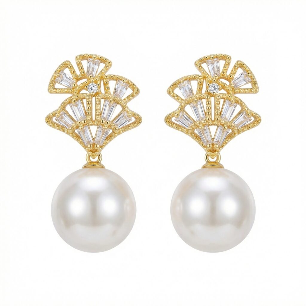 925 Sterling Silver Elegant Fan-Shaped Pearl Dangle Earrings with Sparkling Crystal Accents