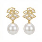925 Sterling Silver Elegant Fan-Shaped Pearl Dangle Earrings with Sparkling Crystal Accents
