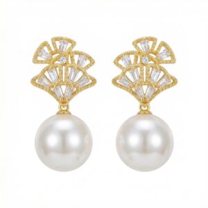 925 Sterling Silver Elegant Fan-Shaped Pearl Dangle Earrings with Sparkling Crystal Accents
