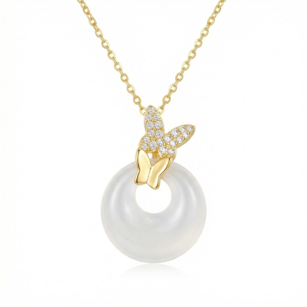 925 Sterling Silver Shimmering Dual Butterfly White Jade Circle Pendant Necklace