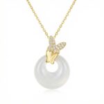925 Sterling Silver Shimmering Dual Butterfly White Jade Circle Pendant Necklace
