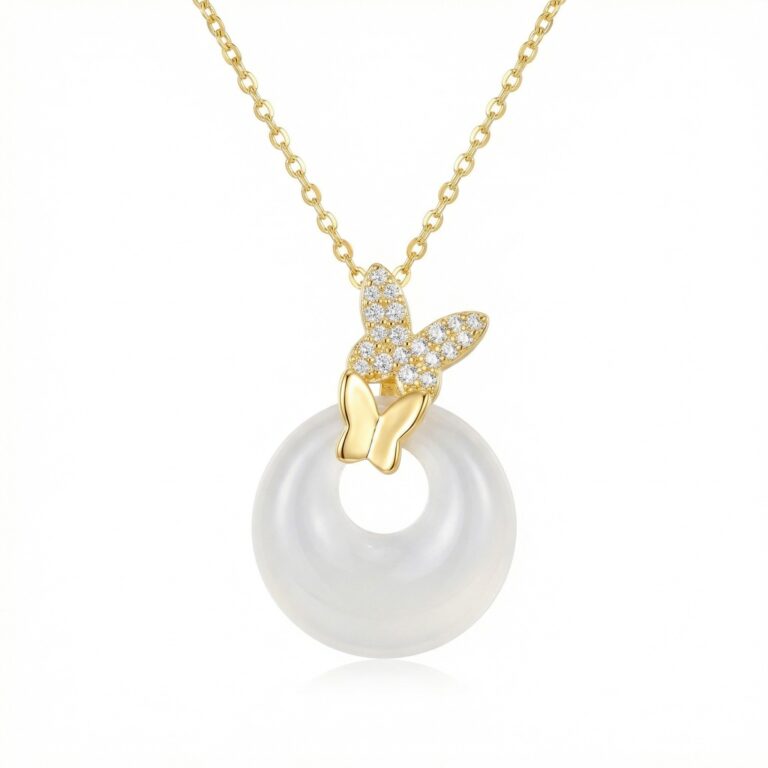925 Sterling Silver Shimmering Dual Butterfly White Jade Circle Pendant Necklace