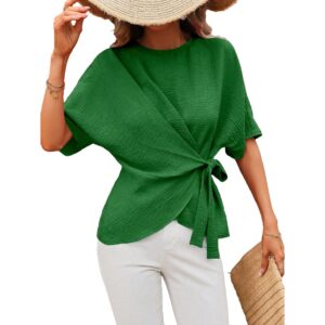 Solid-color Short-sleeve Womens Relaxed-fit Round-neck Casual Twist-detail Top