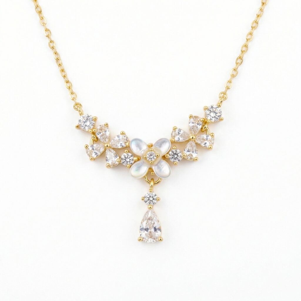 925 Sterling Silver Elegant Mother of Pearl Floral Necklace with Sparkling Pear-Cut Gemstone Accents