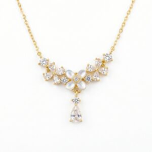 925 Sterling Silver Elegant Mother of Pearl Floral Necklace with Sparkling Pear-Cut Gemstone Accents