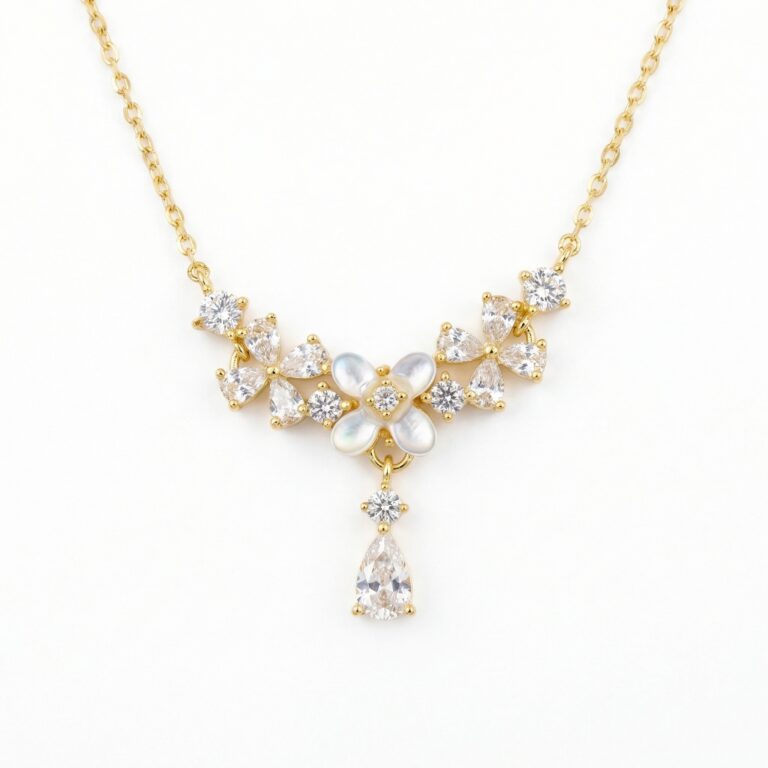 925 Sterling Silver Elegant Mother of Pearl Floral Necklace with Sparkling Pear-Cut Gemstone Accents