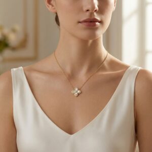 925 Sterling Silver Elegant Mother of Pearl Diamond Four-Petal Floral Pendant Necklace