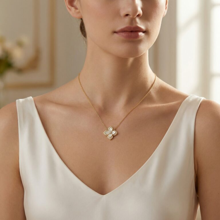 925 Sterling Silver Elegant Mother of Pearl Diamond Four-Petal Floral Pendant Necklace