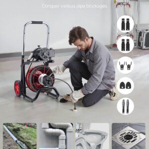 Drain Cleaner Machine 100 FT X 3/8 Inch, Auto Feed Sewer Snake Auger On Wheels - With 8 Cutters & Air-Activated Foot Switch For 2" To 4" Pipes