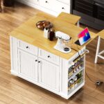 48 Inch Kitchen Island With Drop Leaf,Power Outlet,Internal Storage Rack,Rolling Kitchen Storage Cart On 5 Wheels With 5 Open Side Racks For Kitchen,White Old SKU N707P257057W Not Include Stools