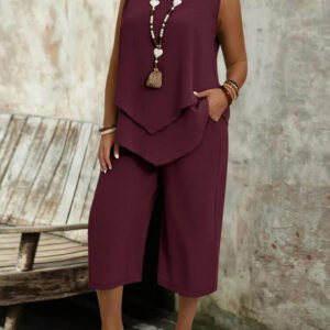 Casual Solid-Colored Sleeveless Top And Cropped Pants Two-Piece Set