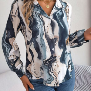 Women's Casual Color Block Stripe Notched Lapel Long Sleeve Shirt