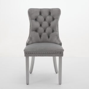 A&A Furniture, Nikki Modern, High-end Tufted Solid Wood Contemporary Velvet Upholstered Dining Chair With Wood Legs Nailhead Trim 2-Pcs Set, Light Gray,