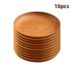 10 Creative Wood Grain Plastic Plates – Round Striped Design, High-Quality Lightweight, Suitable For Home, Dessert Shops