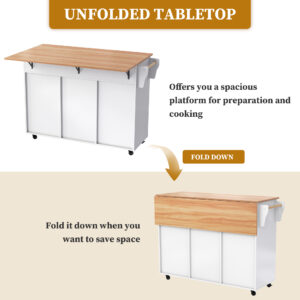 129x46 71x91cm Kitchen Island On Wheels, With Foldable Tabletop, Adjustable Shelves, Rolling Trolley With Storage Cabinets And 2 Drawers, For The Dining Room Living Room