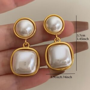 1 Pair Dangle Faux Pearl Geometric Inlaid Earrings, Minimalist & Classic Design, Elegant & Fashionable, Perfect For Women's Banquets & Parties