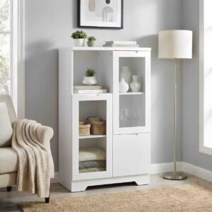 MDF Painted Cabinet With Glass Doors And Drawer, Open Storage Space, White ,Bedroom, Living Room