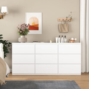 9 Drawer Dresser With No Handle Design, Modern White Matte Wood Dresser For Bedroom, Storage Chest Of Drawers For Living Room, Hallway, Entryway