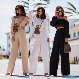 Short-sleeve Off-shoulder Top And Straight-leg Trousers Set