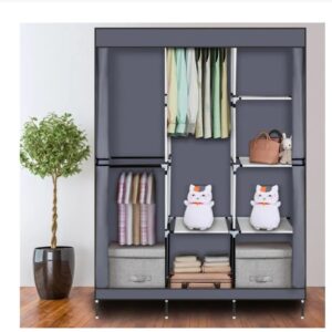 Portable Closet Wardrobe Clothes Rack Storage Organizer With Shelf Gray