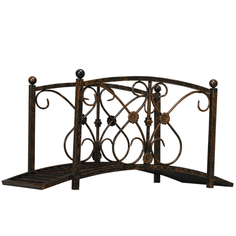 3.3′ Metal Garden Bridge, Decorative Classic Footbridge Pond Bridge with Safety Railings for Backyard Garden Creek, Rust Brown