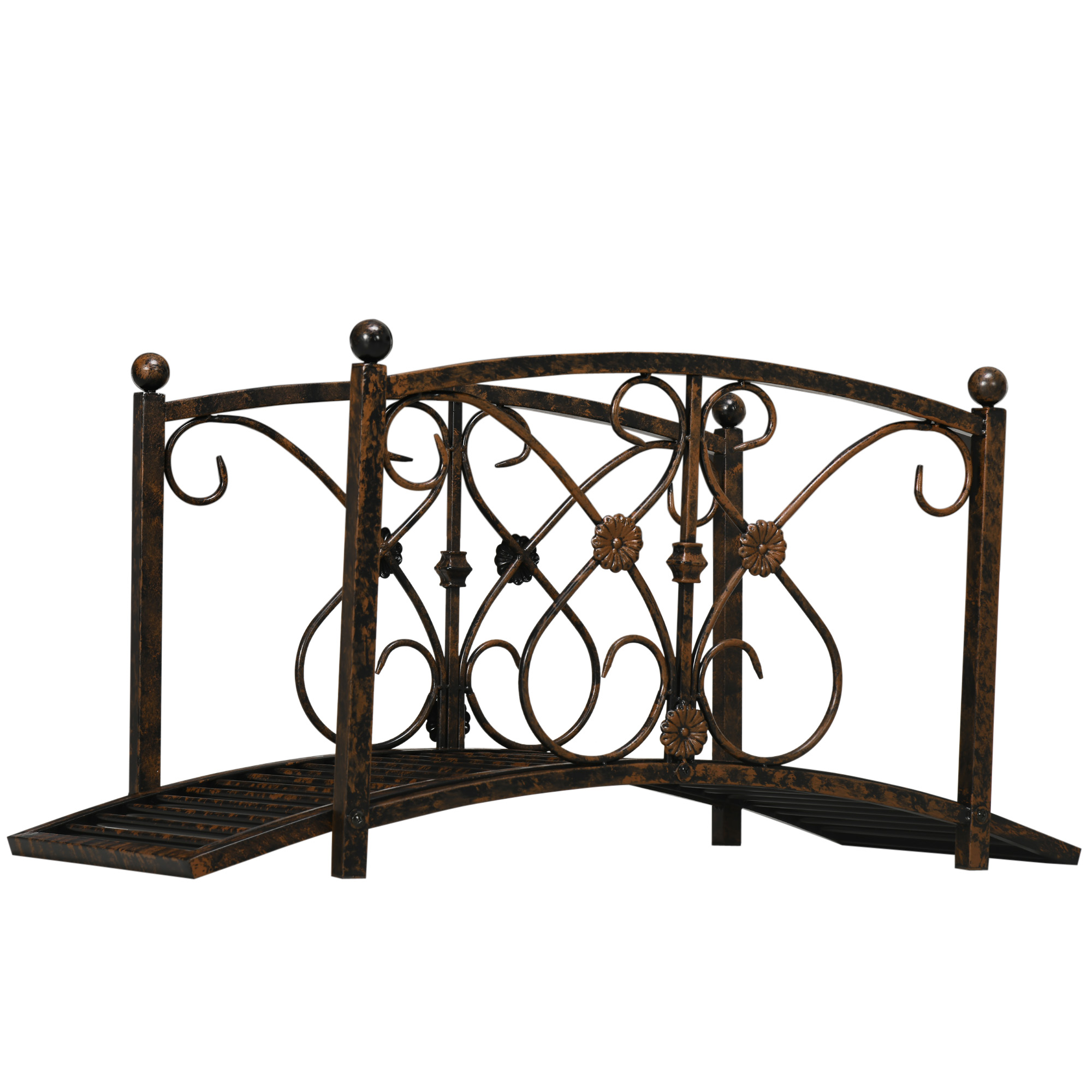 3.3′ Metal Garden Bridge, Decorative Classic Footbridge Pond Bridge with Safety Railings for Backyard Garden Creek, Rust Brown