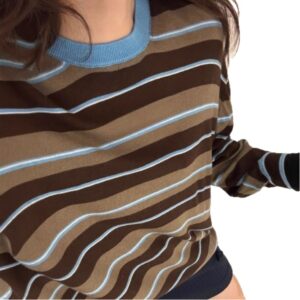 Blue And Coffee-striped Crewneck Pullover Loose-fitting Long Sleeves Womens