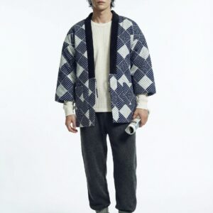 Men’s Haori Style Autumn Winter Quilted Jacket Japanese Kimono Coat, Striped Loungewear, Indoor Wear. Lightweight Thermal Japanese Style Cotton Coat