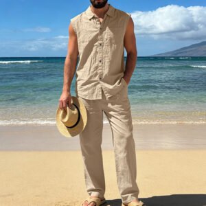 Mens Loose Linen Casual Sleeveless Shirt And Straight-Leg Pants Set