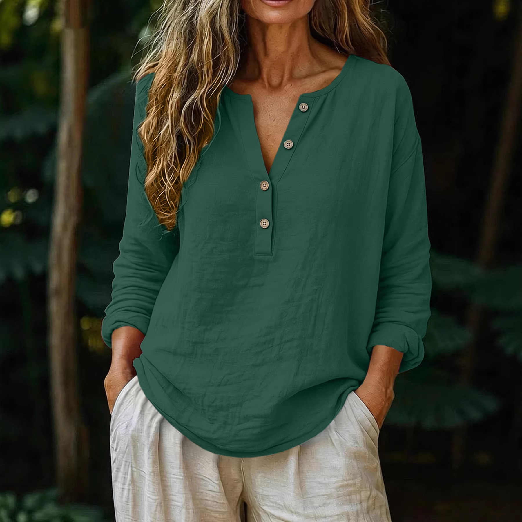 Casual Solid Color Cotton-Linen Long-Sleeve Half-Placket V-Neck - Image 4