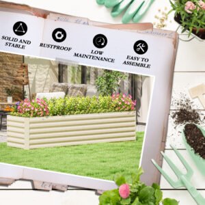 8x2x2ft Galvanized Raised Garden Bed Kit with Safety Edging for Flowers, Herbs and Vegetables, Cream White